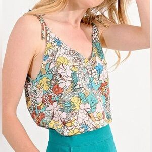Molly Bracken Floral Tie-Shoulder V-Neck Camisole in Teal, Yellow & Coral